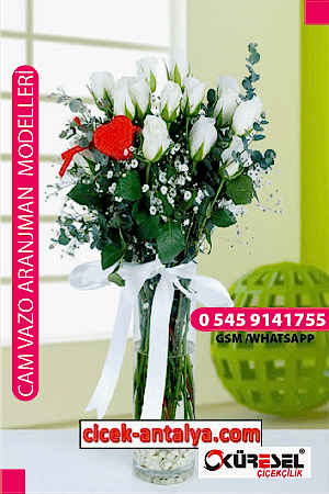 17 BEYAZ GÜL ÜRÜN KODU CV06 Cam Vazolu Çiçek Aranjman