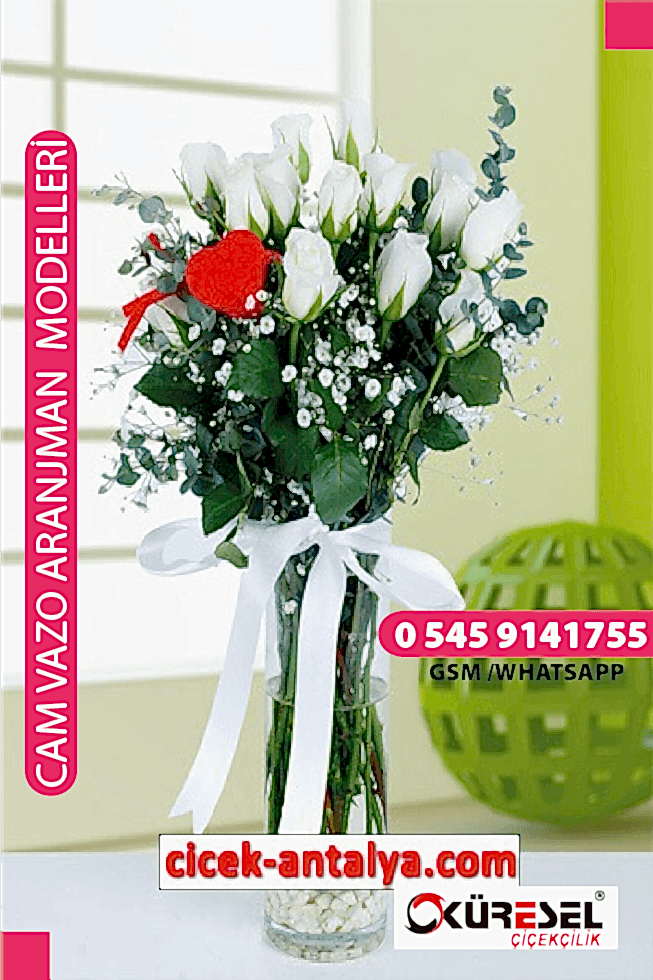 17 BEYAZ GÜL FANUS ÜRÜN KODU CV64 Cam Vazolu Çiçek Aranjman