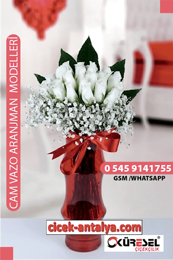 20 BEYAZ GÜL ÜRÜN KODU CV28 Cam Vazolu Çiçek Aranjman