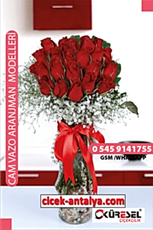 VAZODA 20 KIRMIZI GÜL ÜRÜN KODU CV08 Cam Vazolu Çiçek Aranjman vazoda 20 kirmizi gül