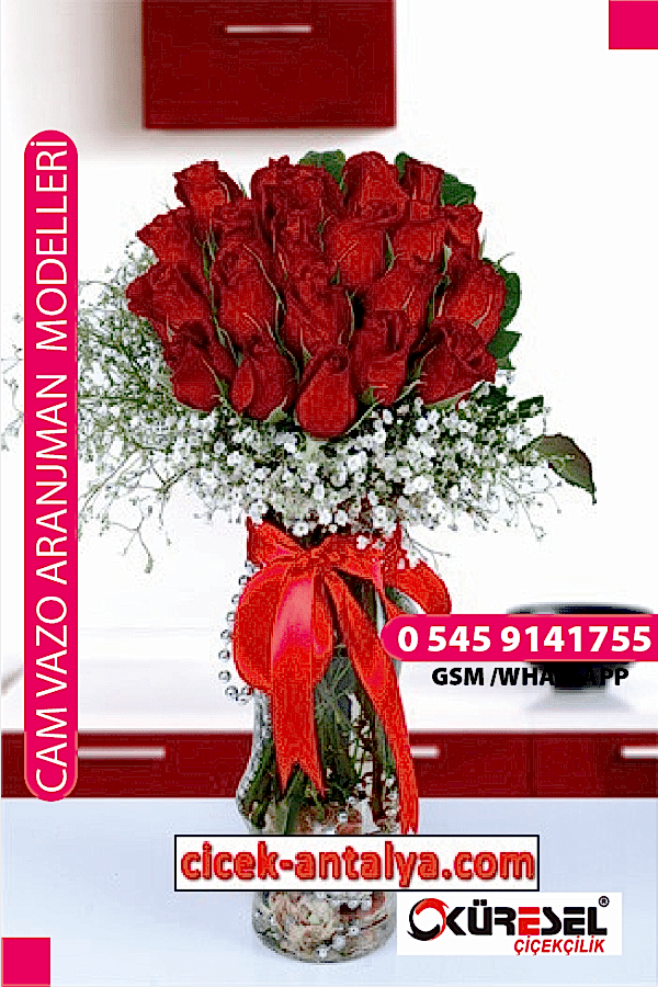 VAZODA 20 KIRMIZI GÜL ÜRÜN KODU CV08 Cam Vazolu Çiçek Aranjman vazoda 20 kirmizi gül