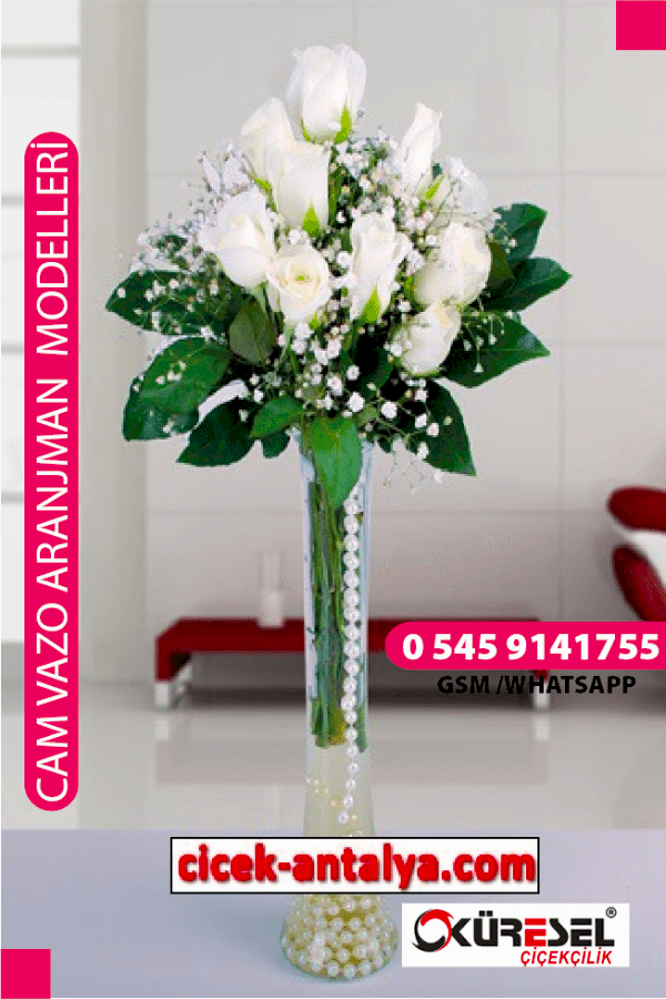 VAZODA BEYAZ GÜLLER ÜRÜN KODU CV20 Cam Vazolu Çiçek Aranjman vazoda beyaz gül